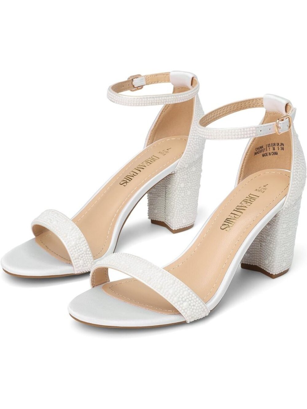 Women's White Pearl Comfortable Open Toe Ankle Strap Chunky Block Heel Sandal